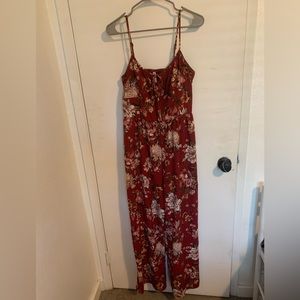 Maroon floral print jumpsuit with pockets